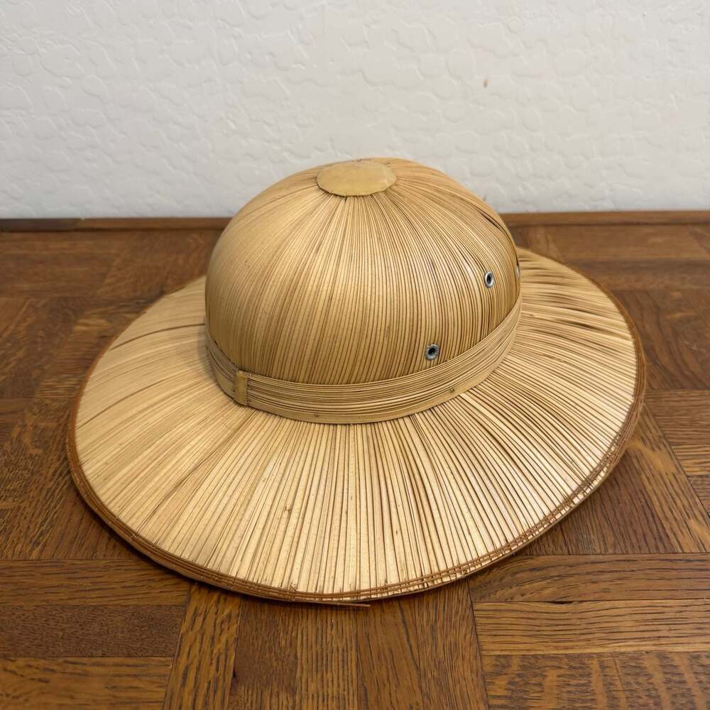 Vintage 50s Hand-Woven Bamboo Safari Pith Helmet with Chin Strap